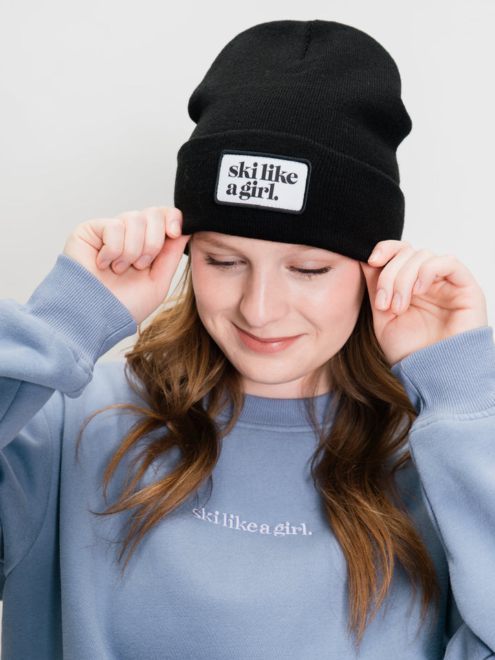 Ski Like a Girl Black Merrowed Raised Patch Beanie