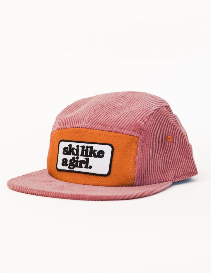 Ski Like a Girl Pink + Orange Corduroy Patch Hat