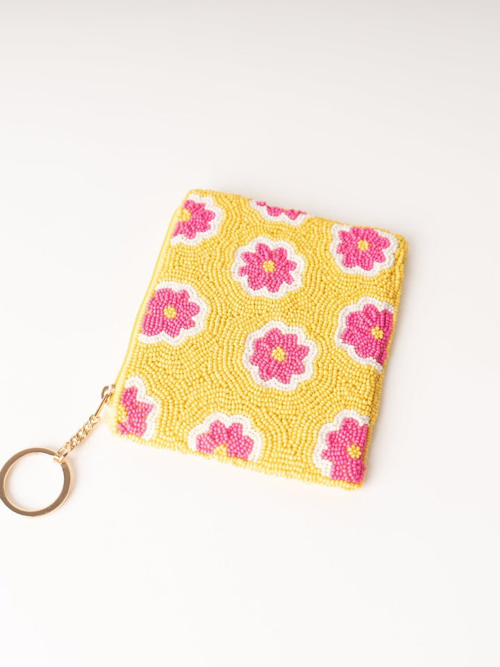 Yellow Beaded Coin Pouch with Pink Flowers - Heyday