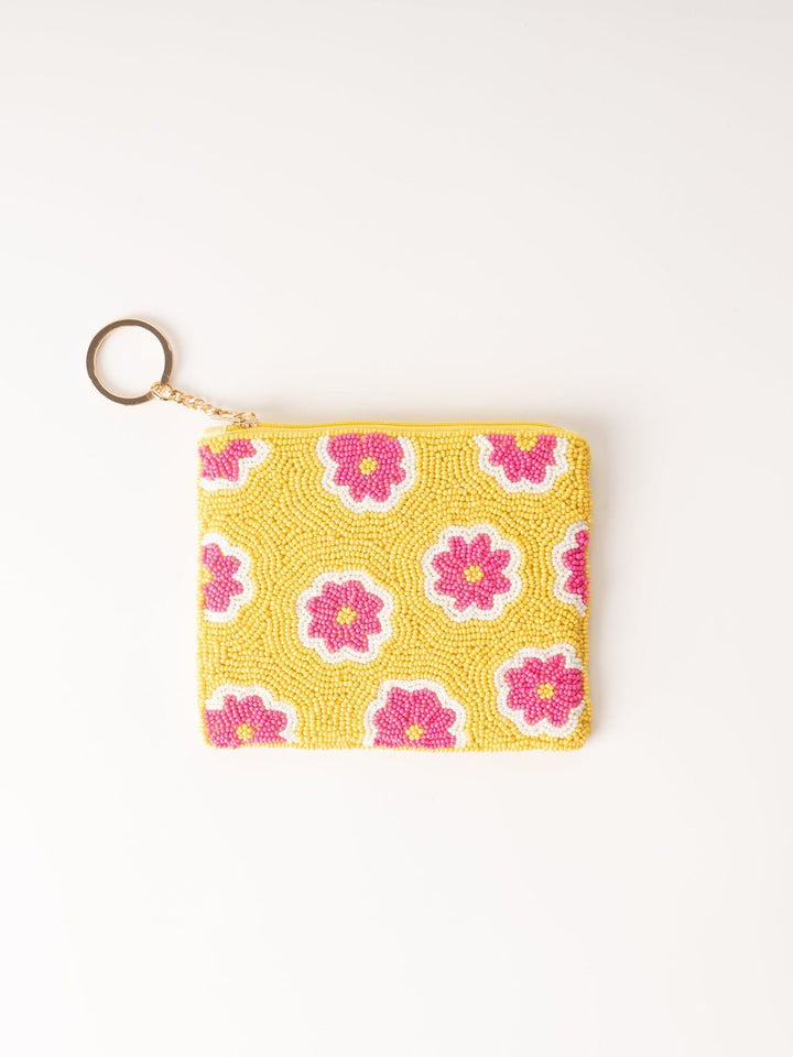 Yellow Beaded Coin Pouch with Pink Flowers - Heyday