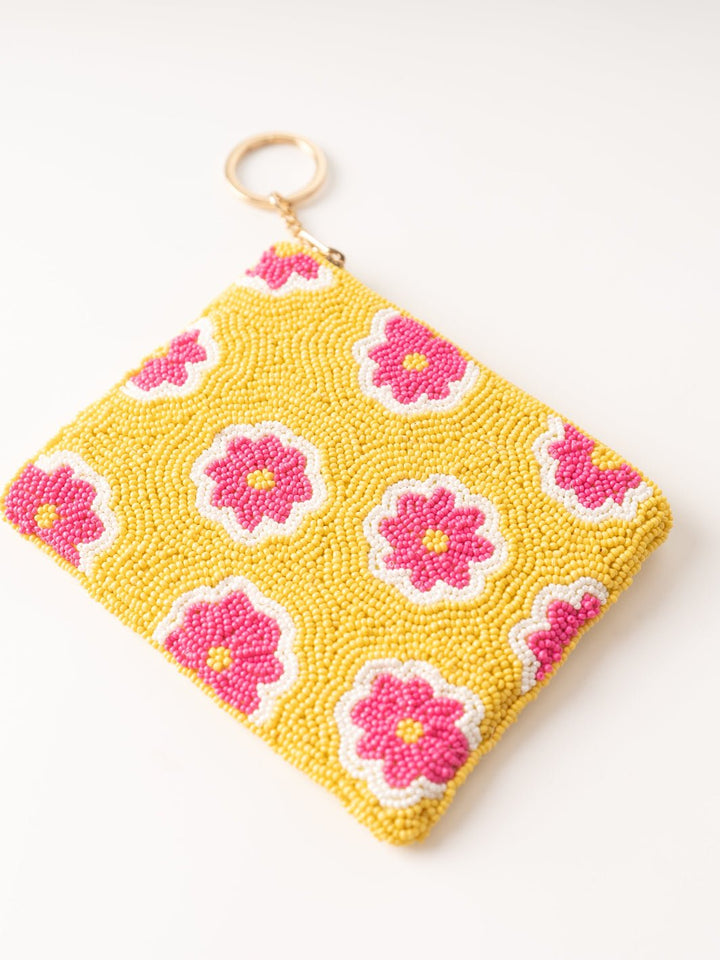Yellow Beaded Coin Pouch with Pink Flowers - Heyday