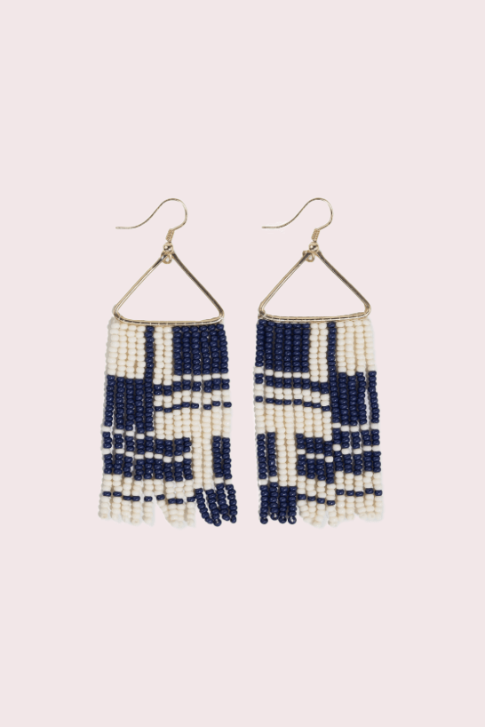 Navy + Cream Triangle Fringe Earrings - Heyday