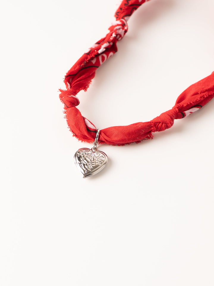 Red Silver Heart Bandana Necklace