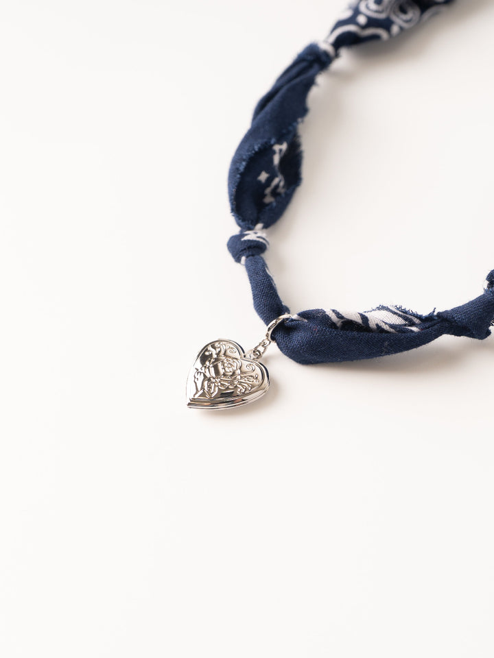 Navy Silver Heart Bandana Necklace