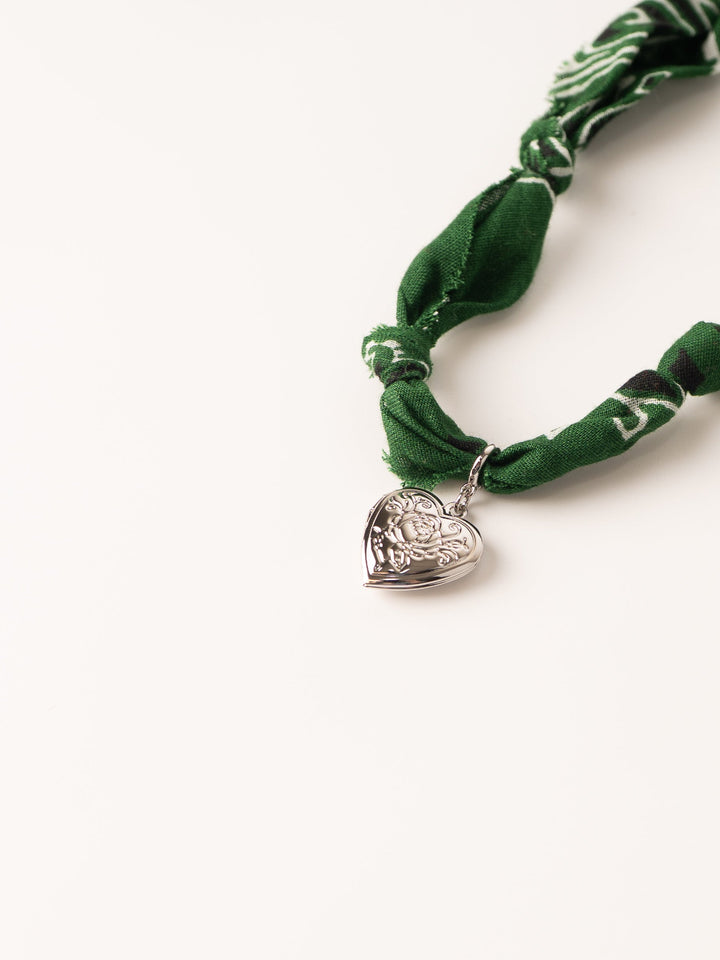 Dark Green Silver Heart Bandana Necklace