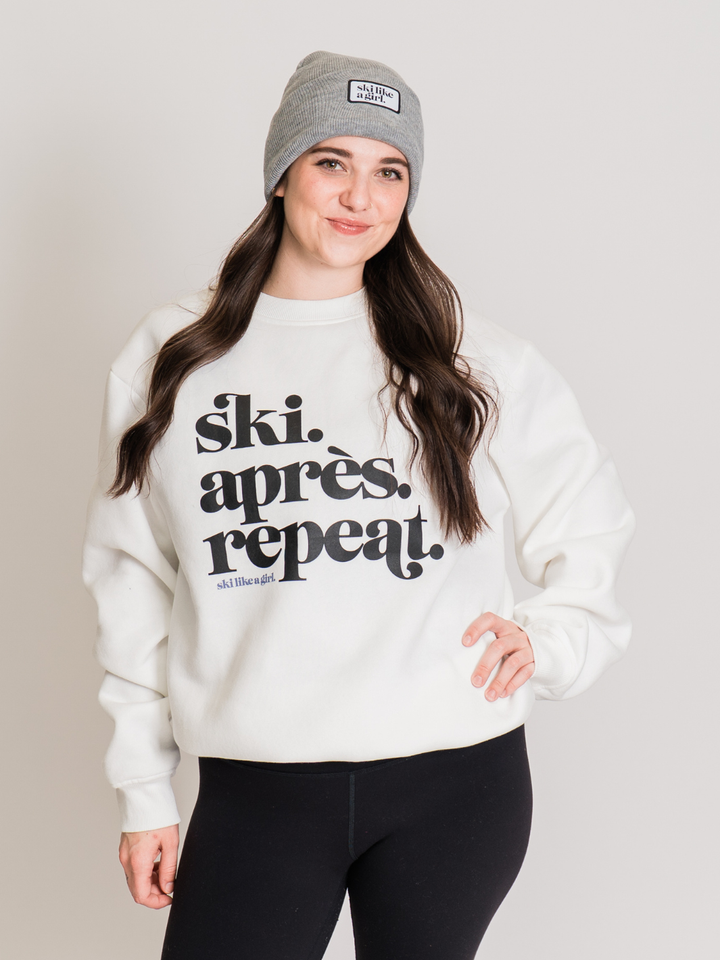 Ski Like A Girl White Ski Apres Repeat Crew Pullover