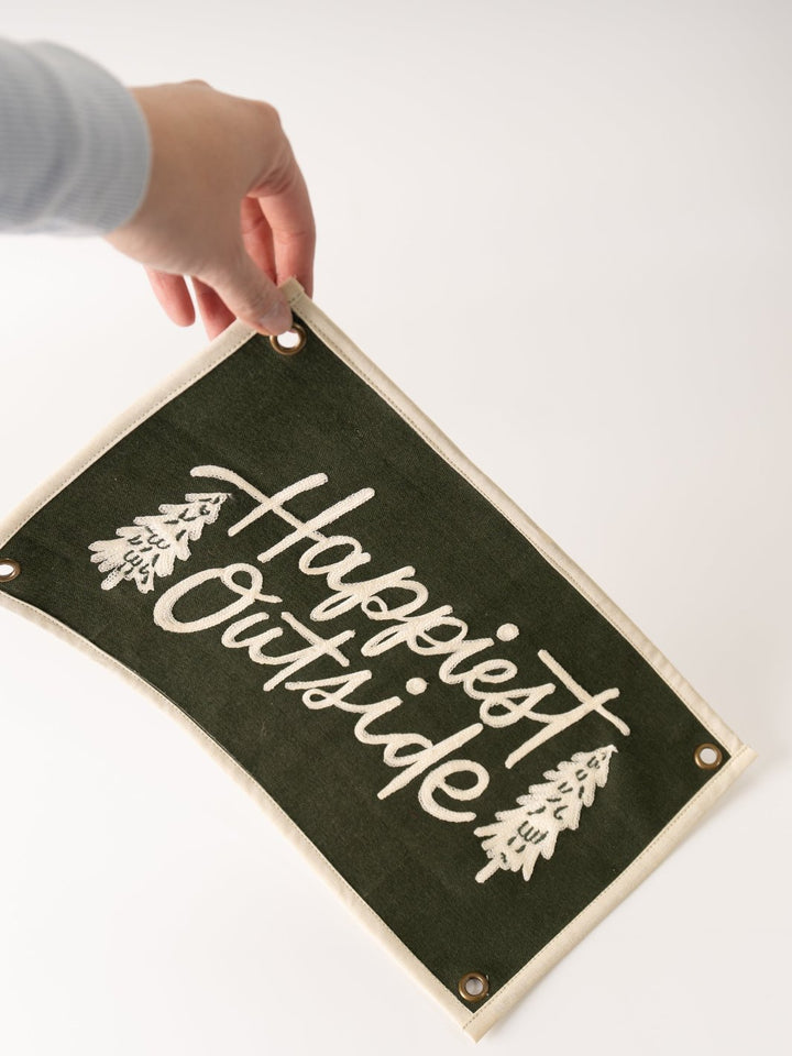 Happiest Outside Embroidered Banner