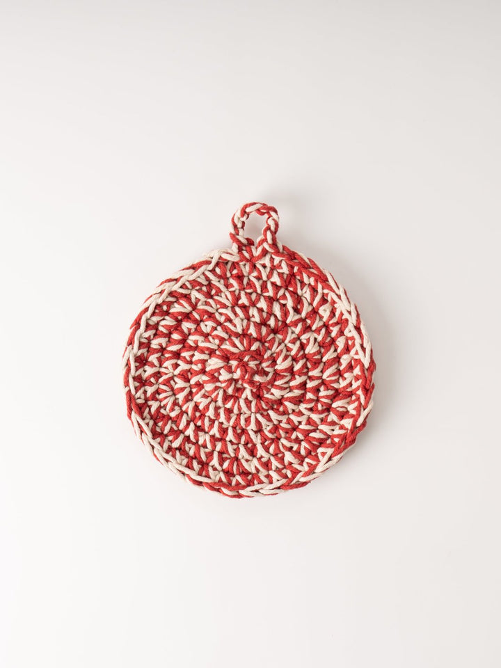 Braided Red and White Cotton Crocheted Pot Holder