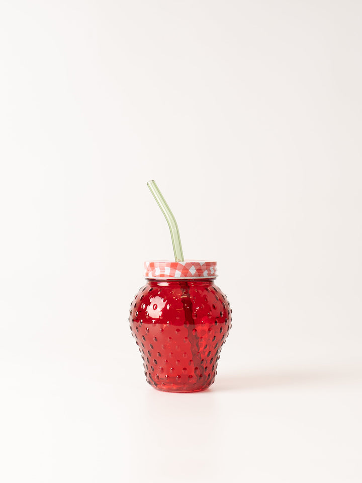 Strawberry Glass with Lid and Straw