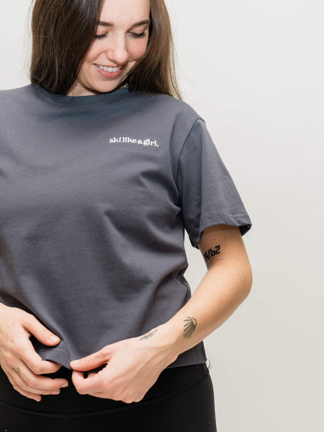 Ski Like A Girl Dark Grey "Like You Mean It" Short Sleeve Tee