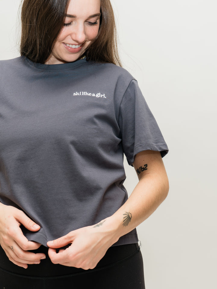 Ski Like A Girl Dark Grey "Like You Mean It" Short Sleeve Tee