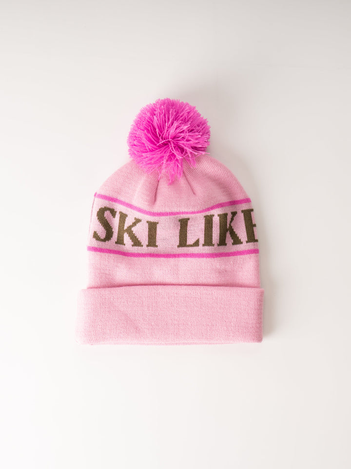 Ski Like A Girl Pink Team Pom Beanie