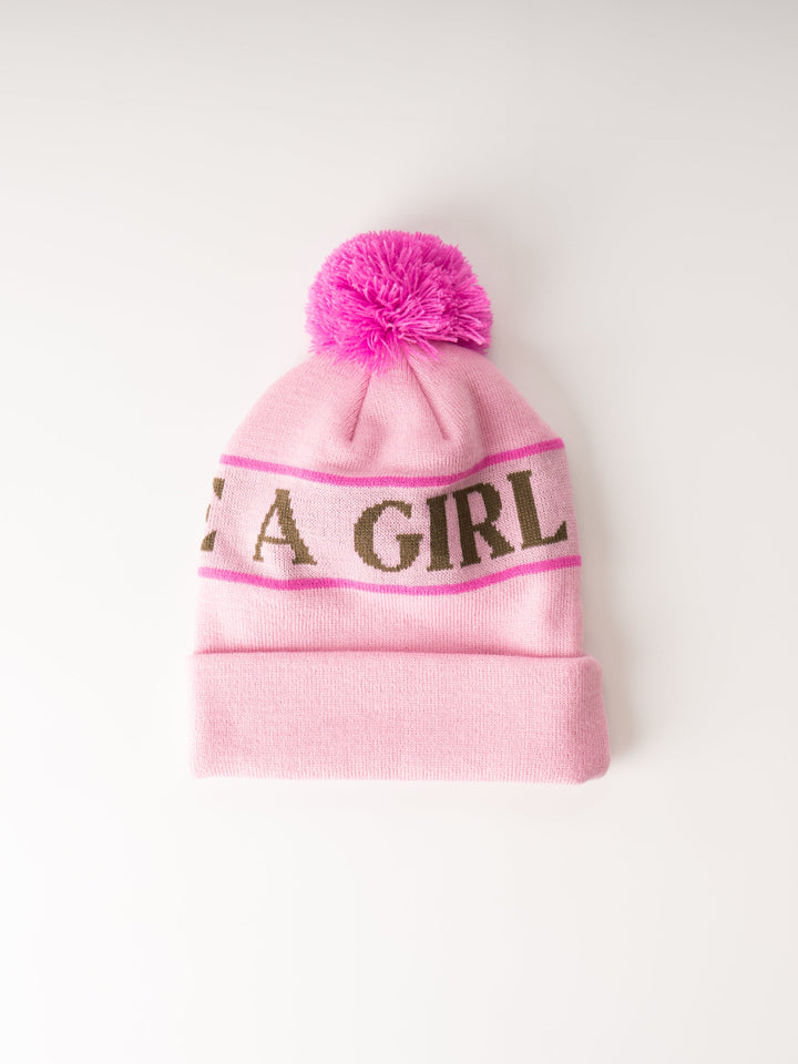 Ski Like A Girl Pink Team Pom Beanie