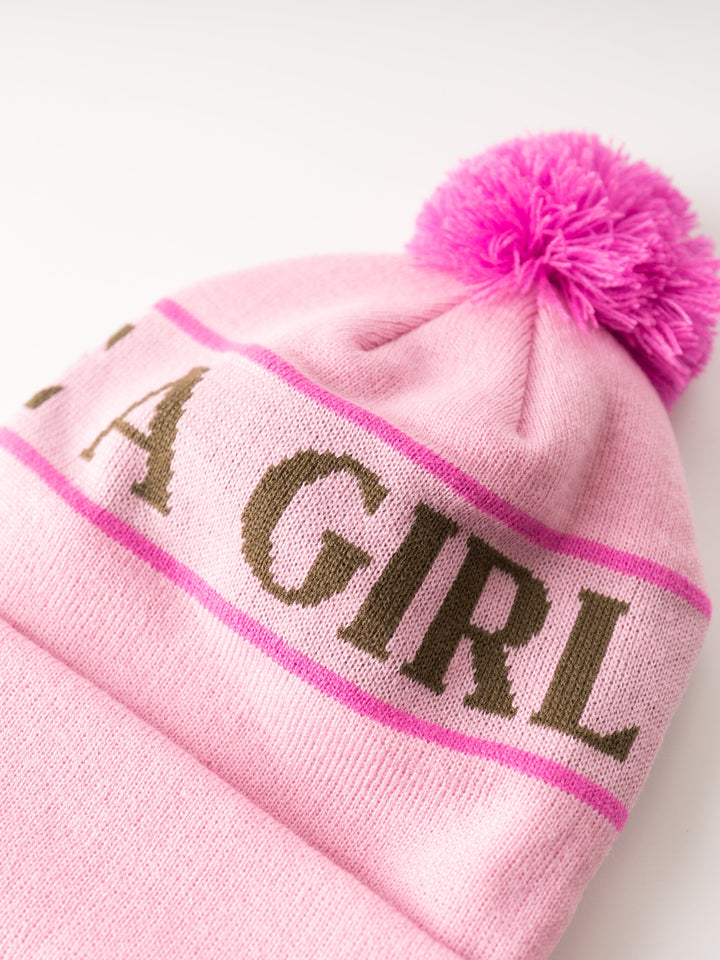 Ski Like A Girl Pink Team Pom Beanie