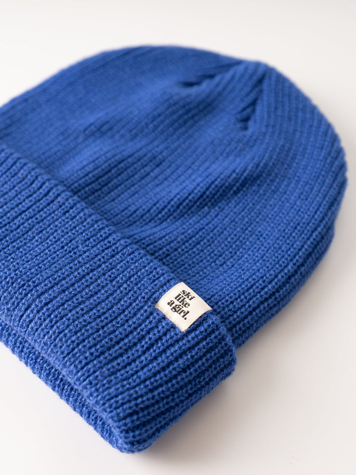 Ski Like A Girl Cobalt Knit Tag Beanie