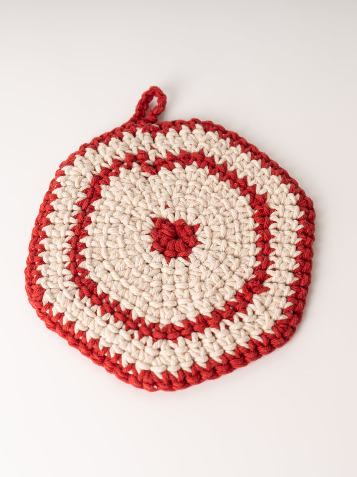 Red Ring Cotton Crocheted Pot Holder