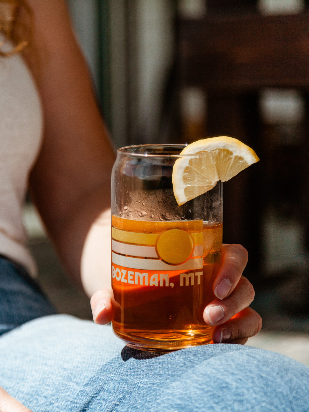 Bozeman, Montana beer glass with iced tea and lemon