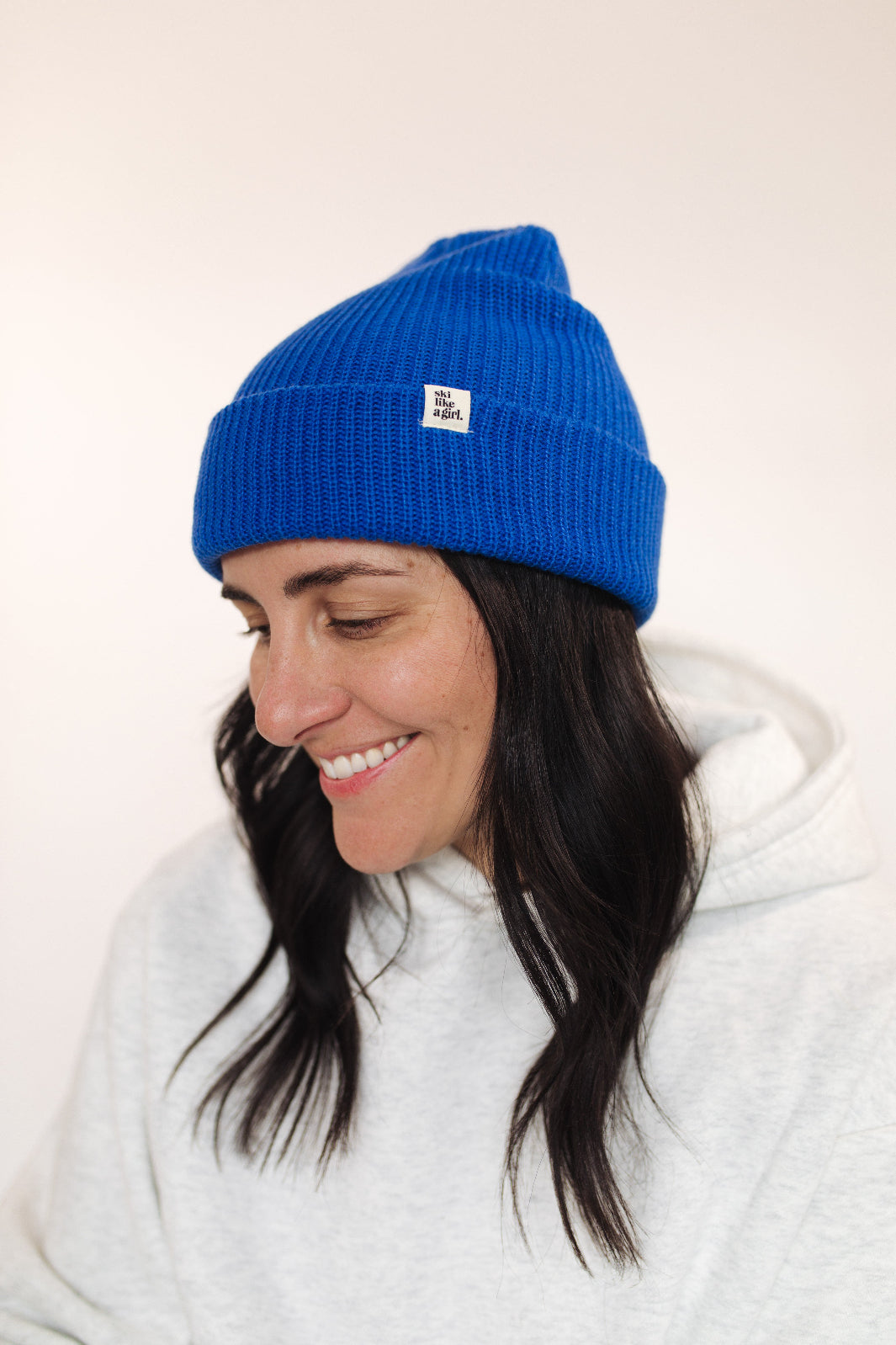 Ski Like A Girl Cobalt Knit Tag Beanie