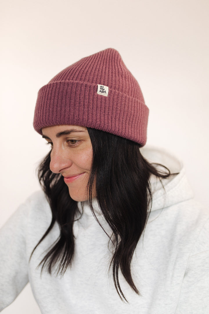 Ski Like A Girl Grape Knit Tag Beanie