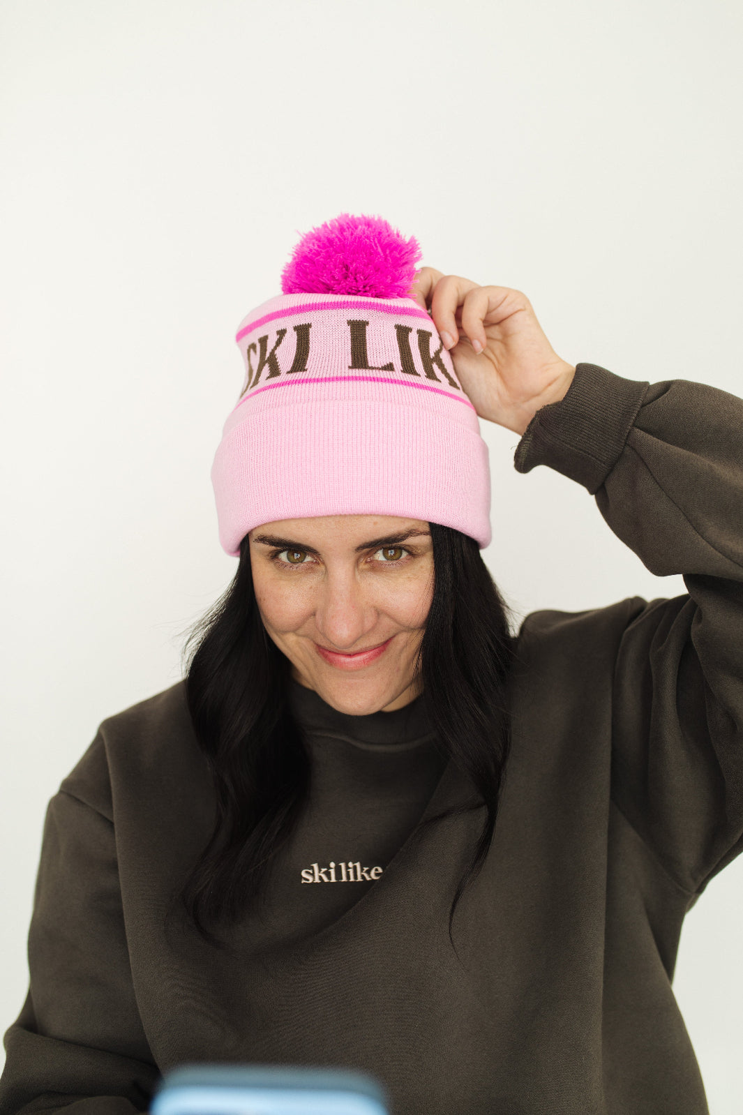 Ski Like A Girl Pink Team Pom Beanie