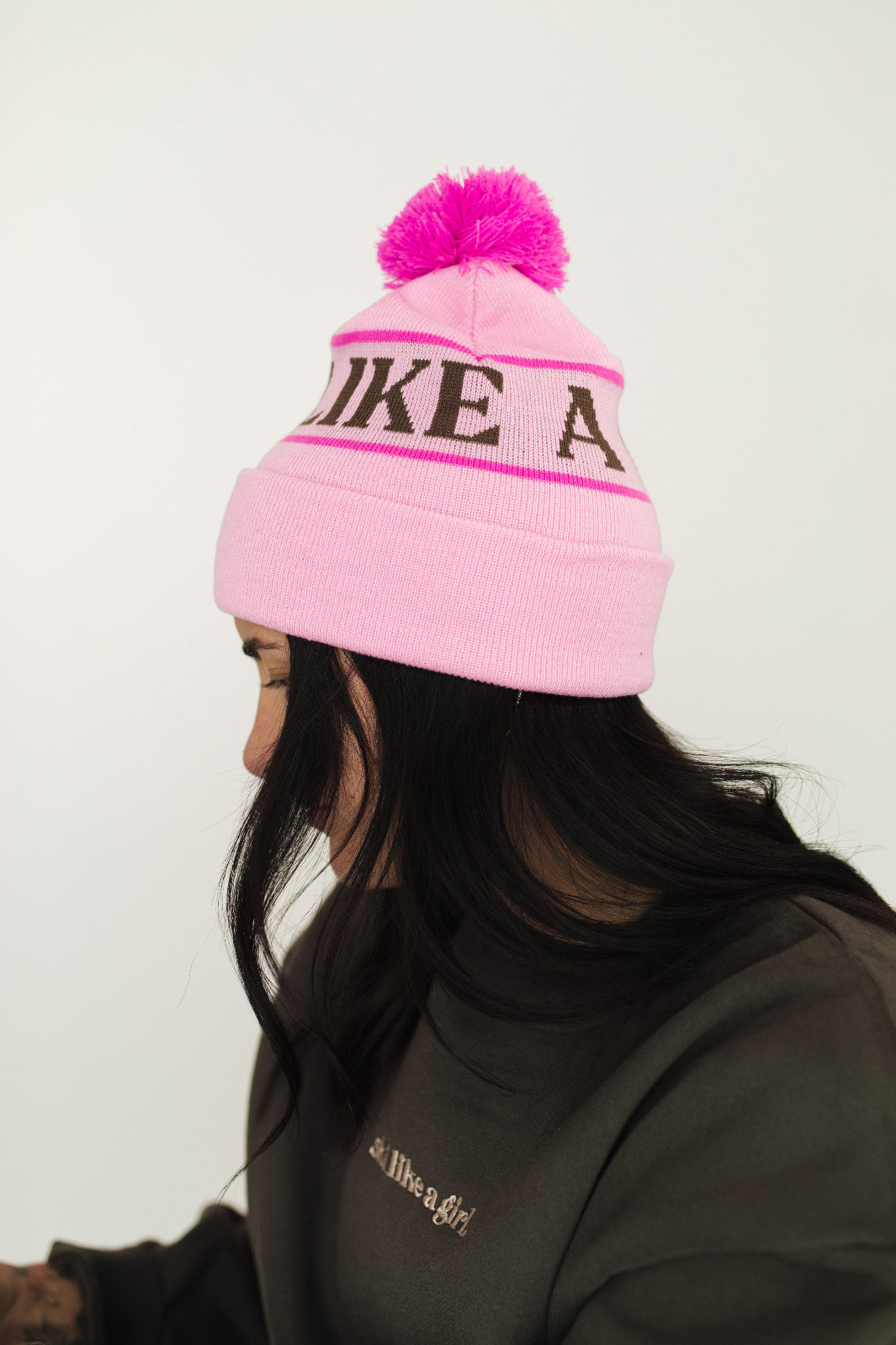 Ski Like A Girl Pink Team Pom Beanie