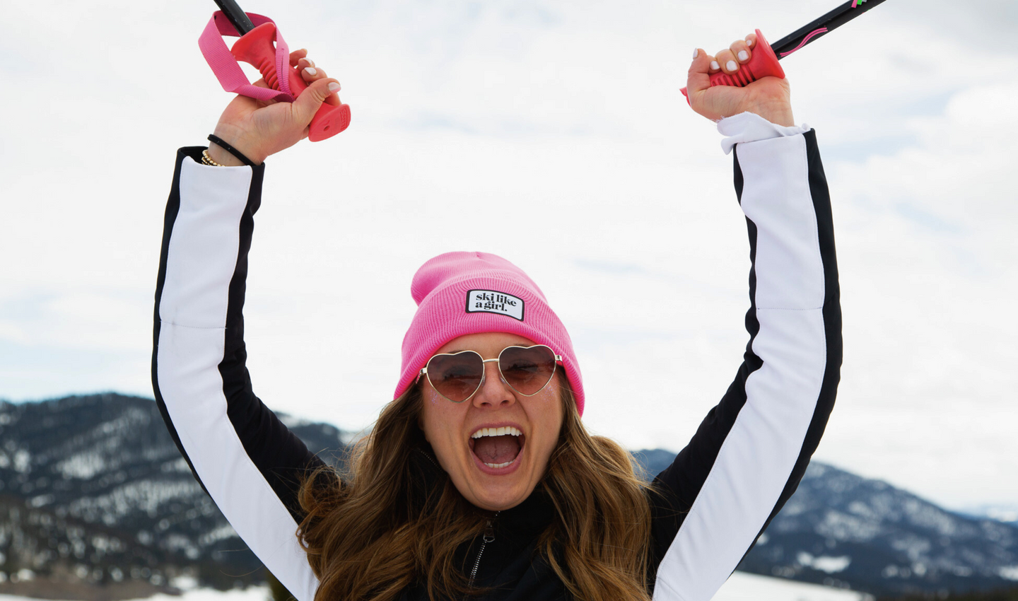 Ski Like a Girl Pink Beanie on Skier - Heyday