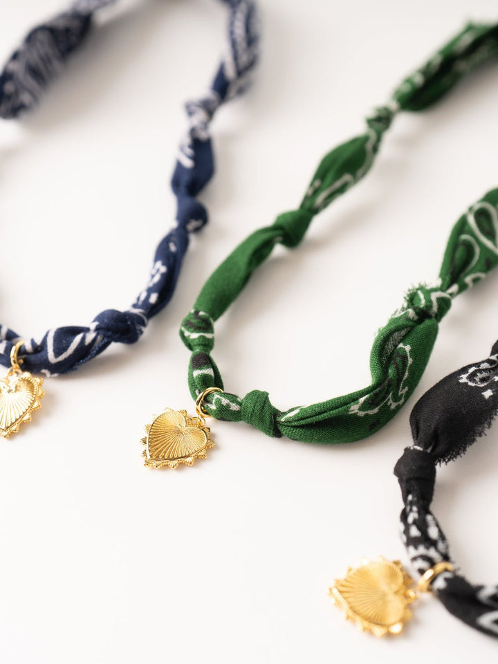 Black Knotted Bandana with Heart Charm Necklace - Heyday