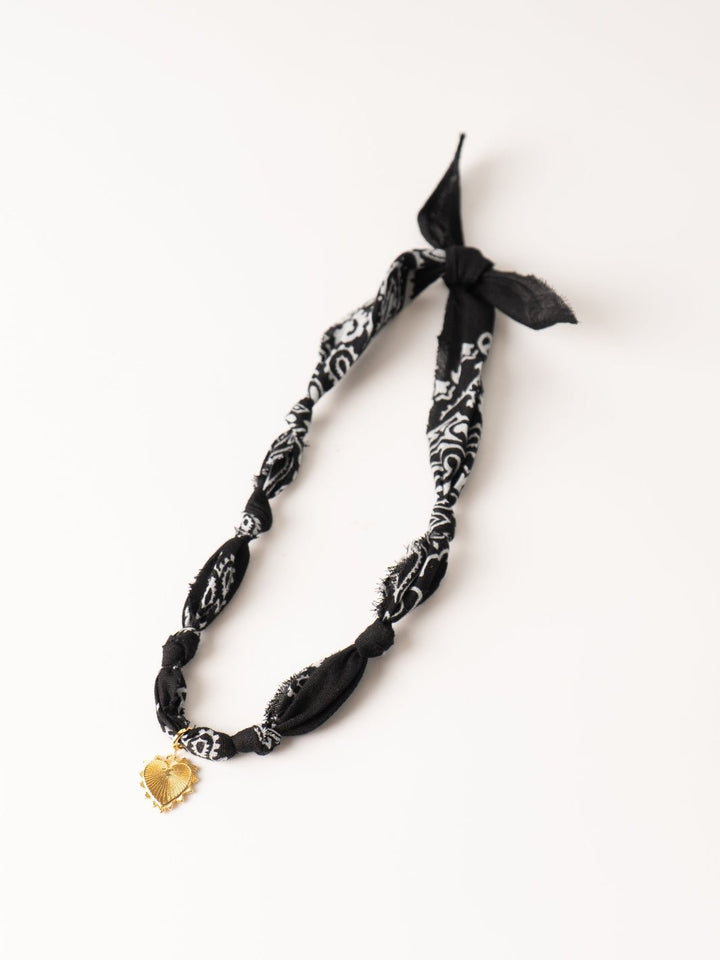 Black Knotted Bandana with Heart Charm Necklace - Heyday