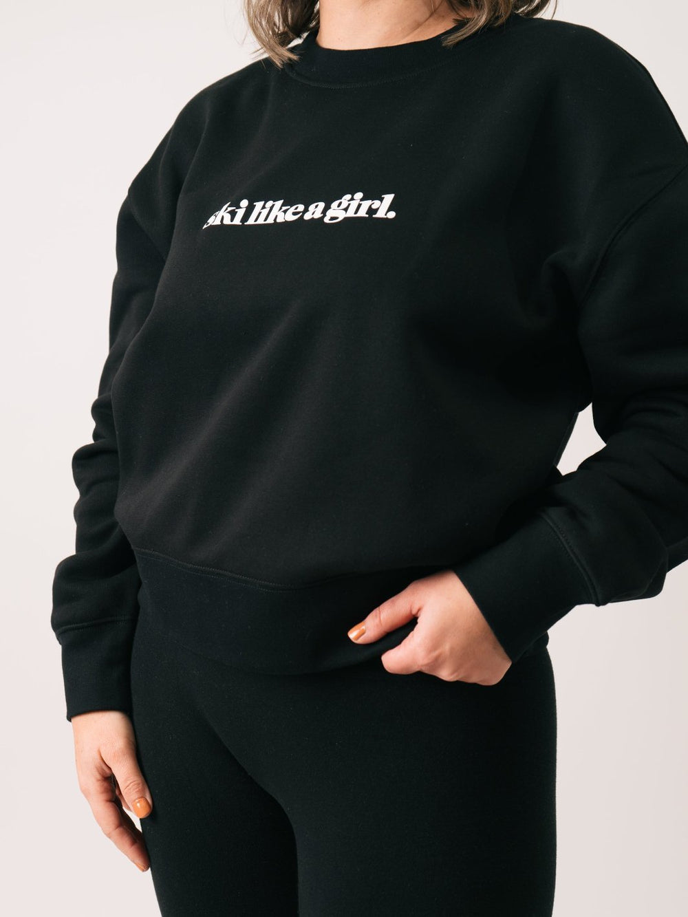 Ski Like A Girl Black Relaxed Cropped Crew Sweatshirt - Heyday