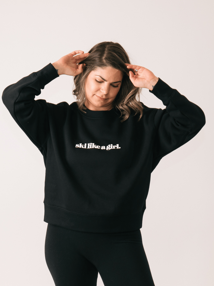 Ski Like A Girl Black Relaxed Cropped Crew Sweatshirt - Heyday