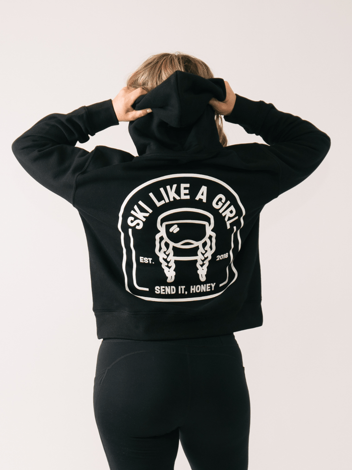 Ski Like A Girl Black Send It Relaxed Cropped Hoodie - Heyday