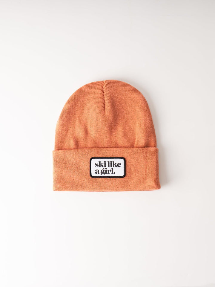 Ski Like a Girl Camel Orange Merrowed Raised Patch Beanie - Heyday