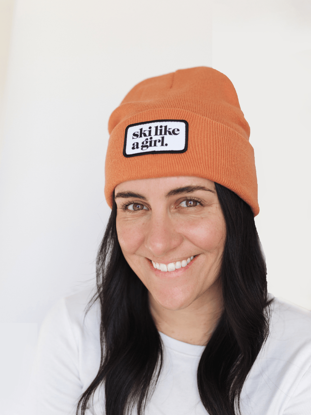 Ski Like a Girl Camel Orange Merrowed Raised Patch Beanie - Heyday