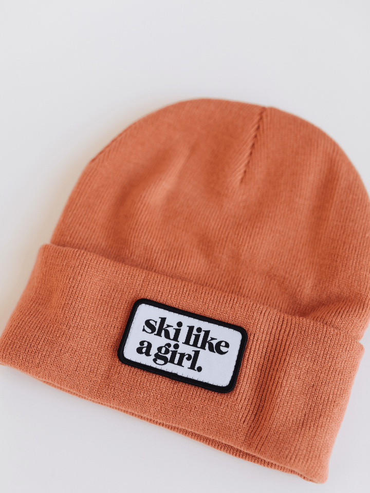 Ski Like a Girl Camel Orange Merrowed Raised Patch Beanie - Heyday