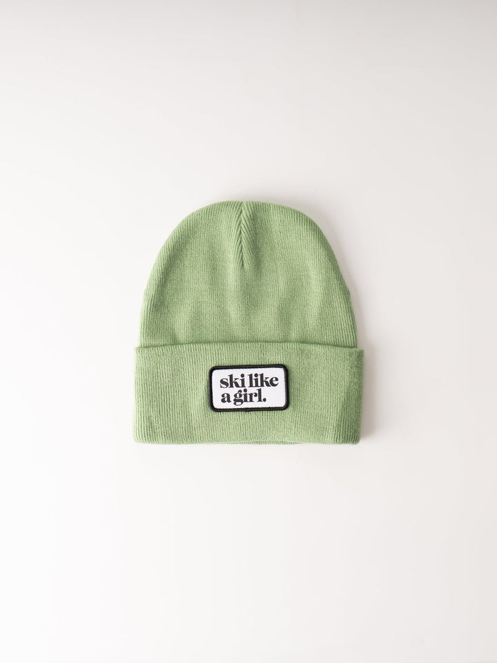 Ski Like a Girl Green Merrowed Raised Patch Beanie - Heyday