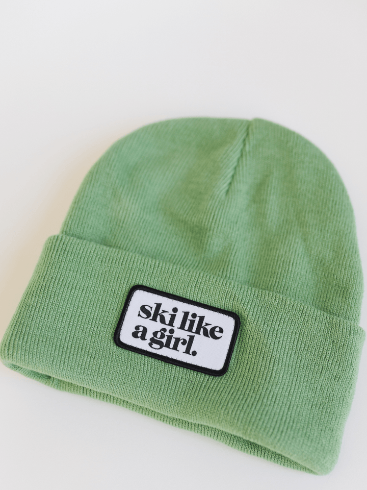 Ski Like a Girl Green Merrowed Raised Patch Beanie - Heyday