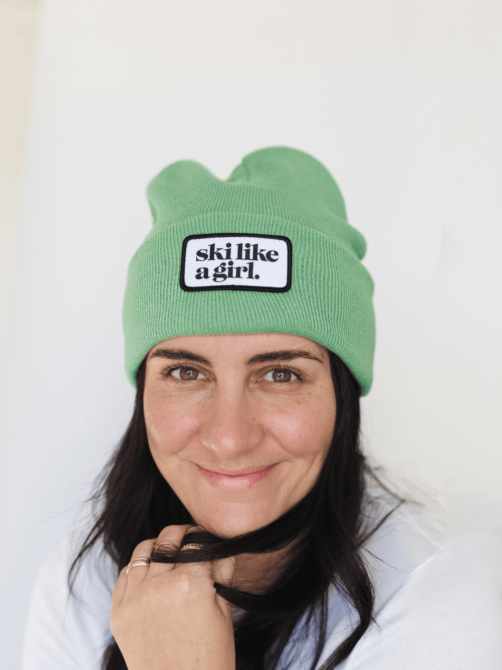 Ski Like a Girl Green Merrowed Raised Patch Beanie - Heyday