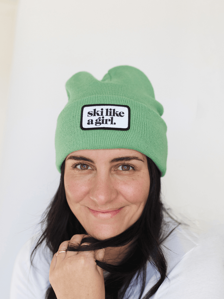 Ski Like a Girl Green Merrowed Raised Patch Beanie - Heyday