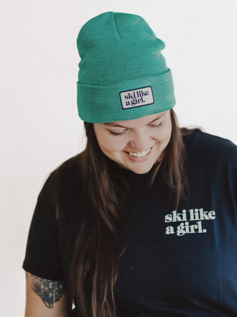 Ski Like a Girl Green Ribbed Beanie - Heyday