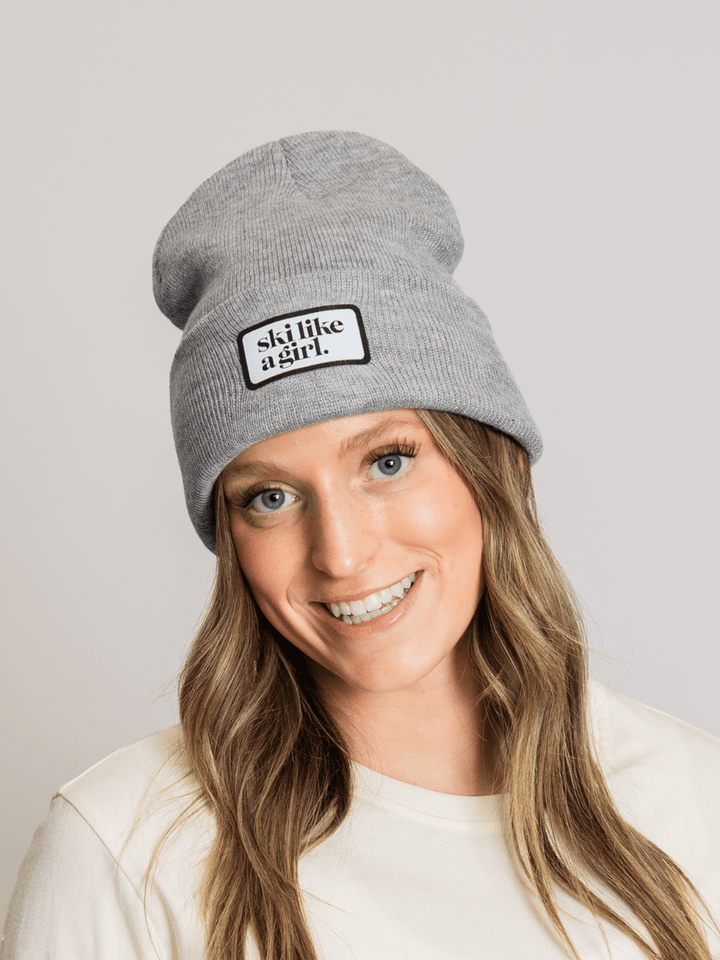 Ski Like a Girl Heather Grey Flat Patch Beanie - Heyday