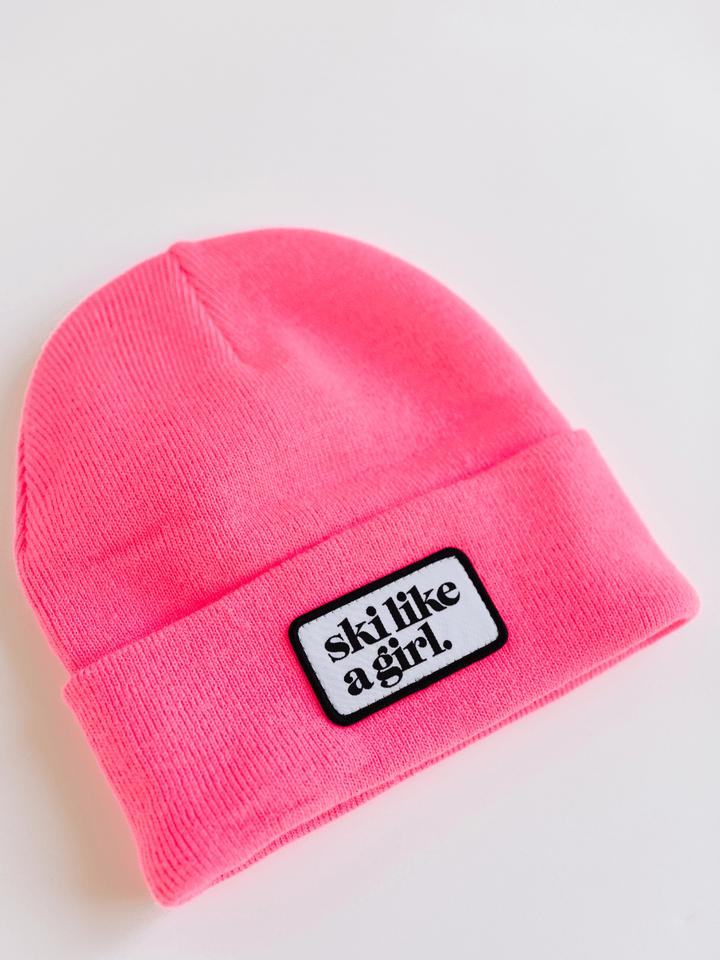 Ski Like a Girl Hot Pink Merrowed Raised Patch Beanie - Heyday