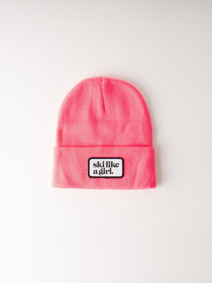 Ski Like a Girl Hot Pink Merrowed Raised Patch Beanie - Heyday