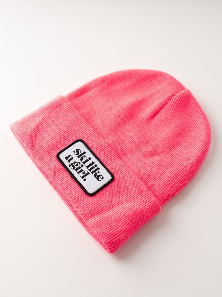 Ski Like a Girl Hot Pink Merrowed Raised Patch Beanie - Heyday