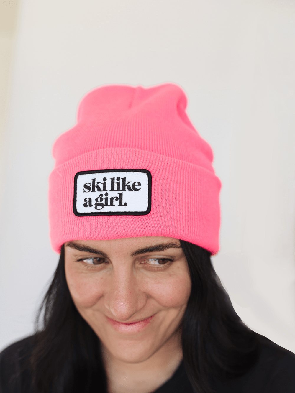 Ski Like a Girl Hot Pink Merrowed Raised Patch Beanie - Heyday