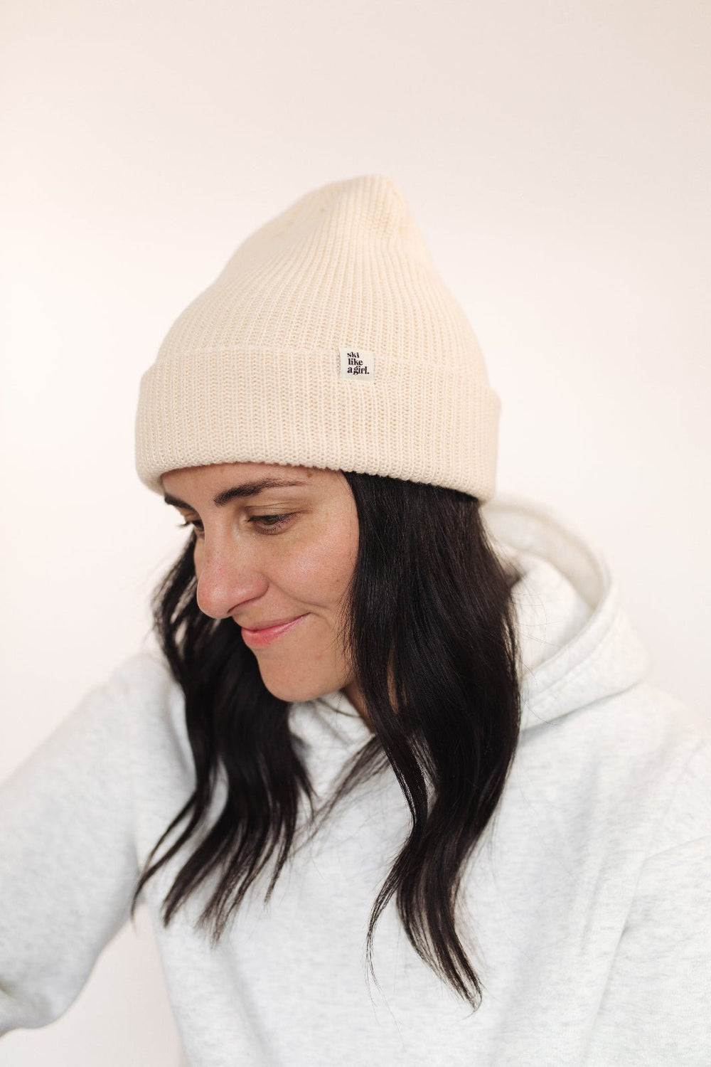 Ski Like A Girl Ivory Knit Tag Beanie - Heyday
