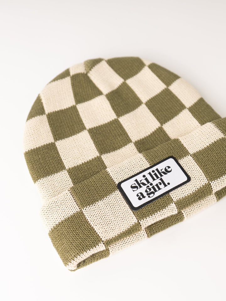 Ski Like a Girl Kids Green Checkerboard Beanie - Heyday