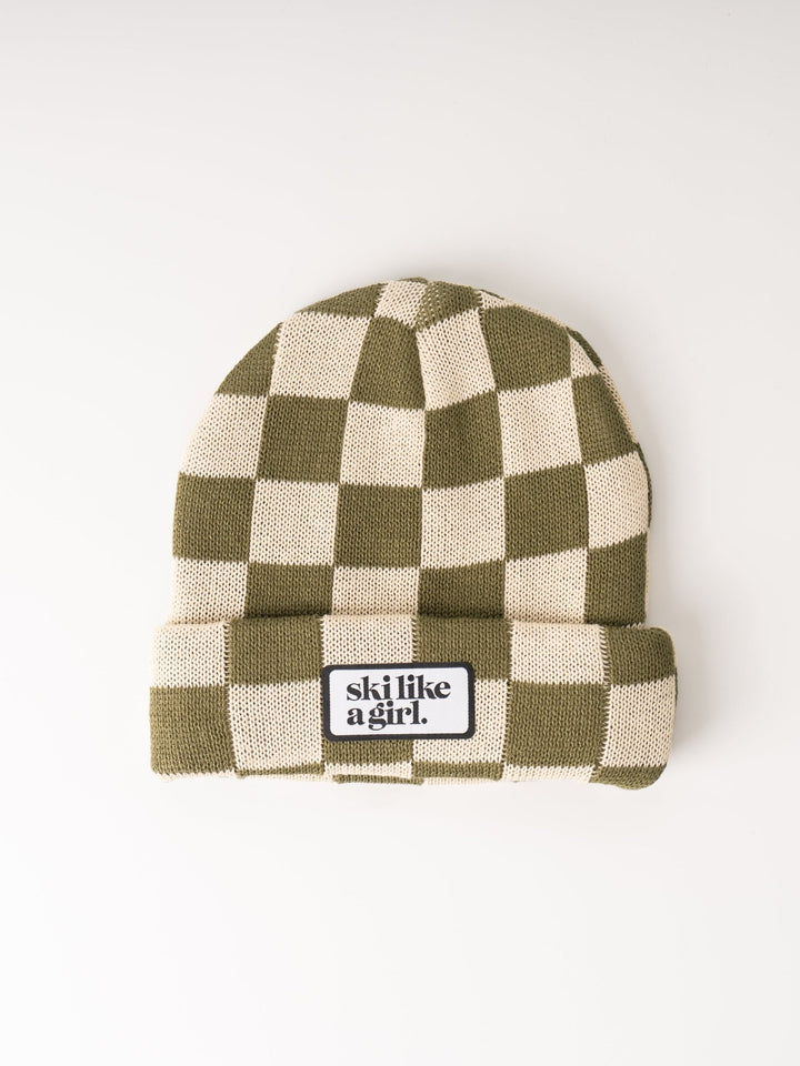 Ski Like a Girl Kids Green Checkerboard Beanie - Heyday