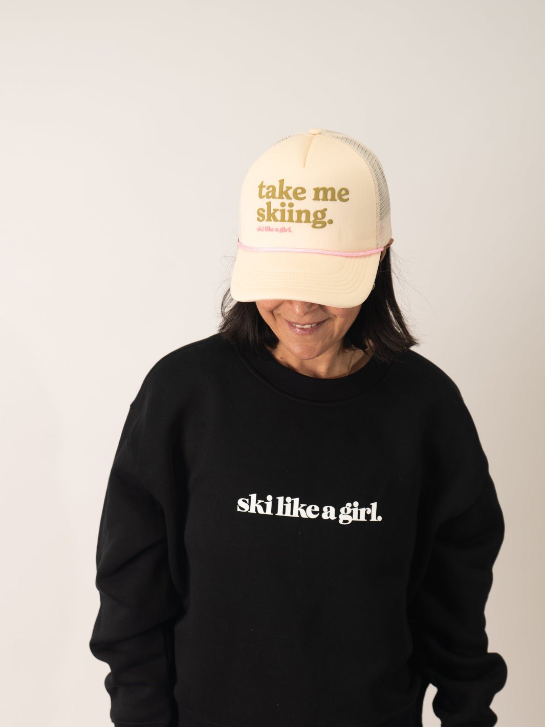 Ski Like A Girl Take Me Skiing Butter Yellow Trucker Hat - Heyday