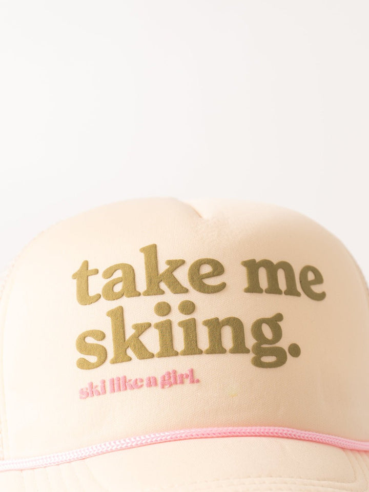 Ski Like A Girl Take Me Skiing Butter Yellow Trucker Hat - Heyday