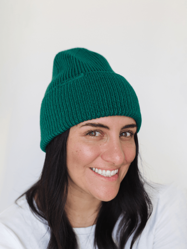 Ski Like a Girl Teal Hi Cuff Knit Beanie - Heyday